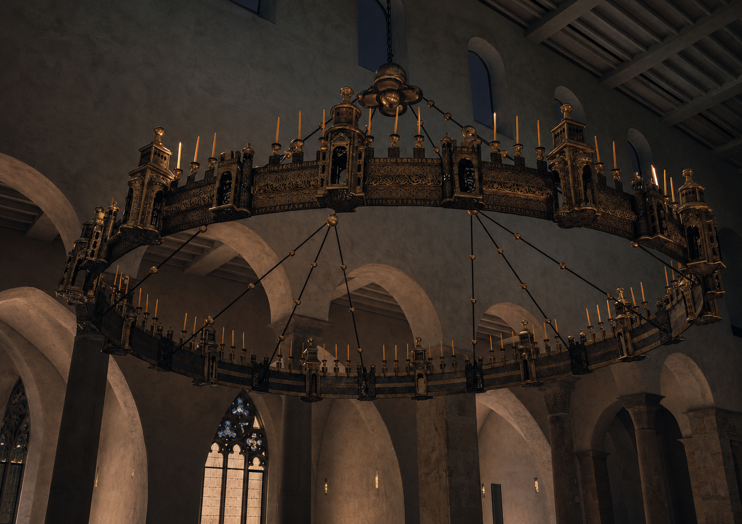 Couronne lumineuse monumentale suspendue dans une nef romane, évocation du lustre de Hezilo.