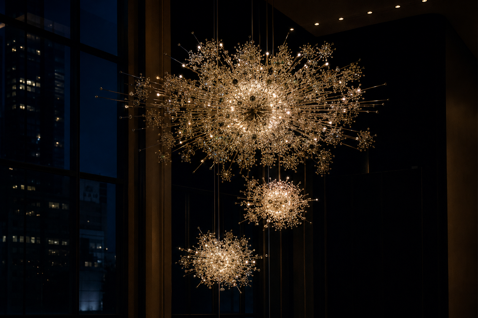 Lustres modernistes en forme de constellations devant les baies du Metropolitan Opera à New York.